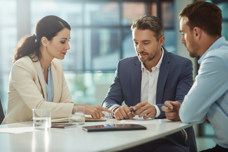 Three colleagues leaning over a conference table in a bright office, reviewing printed pages and notes together.