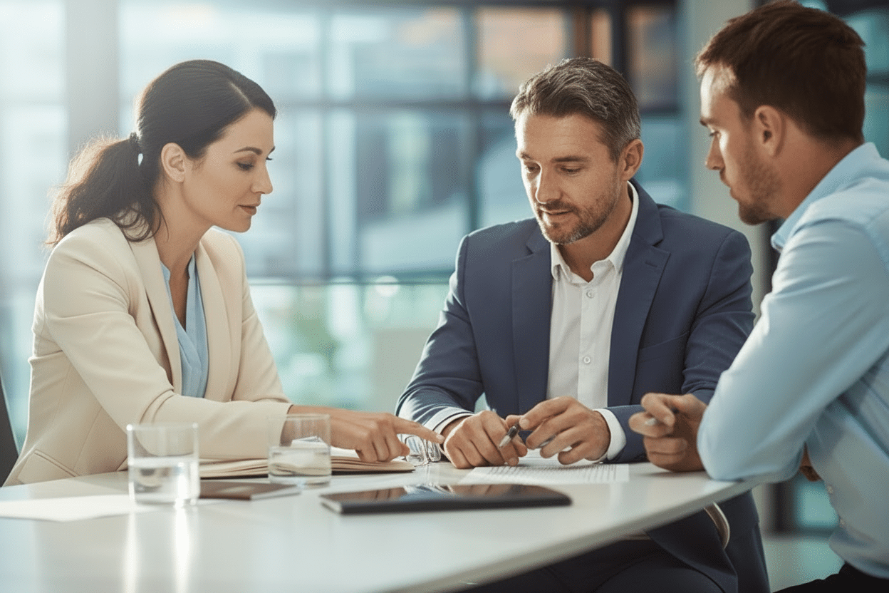 Three colleagues leaning over a conference table in a bright office, reviewing printed pages and notes together.